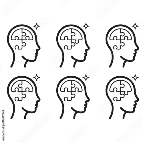 Six human profile head icons with jigsaw puzzle pieces in brain representing psychological health problem solving and mental mental health art