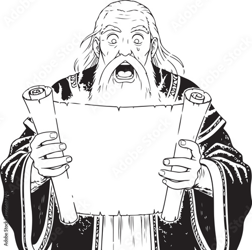 Elderly Wizard Reading Magic Scroll Shocked Face Anime Manga Vector