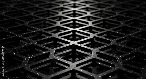 black hexagonal grid pattern with glistening water droplets creating a modern abstract industrial texture background for tech designs.