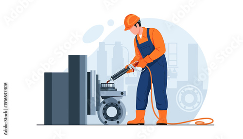 Construction worker using a tool on industrial machinery.