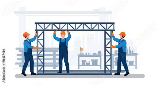 Construction workers assembling a metal truss structure together.