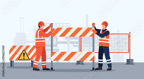 Construction workers installing safety barrier for road work.