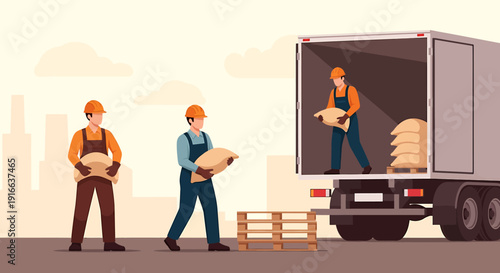 Construction workers unloading bags from a truck at a site.