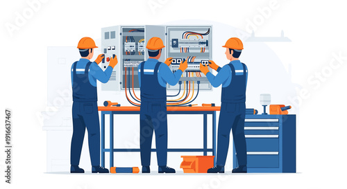 Electricians working on electrical panel installation and wiring.