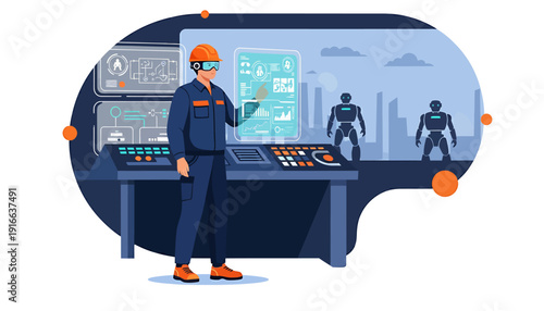 Engineer Interacting with Futuristic Holographic Interface and Robots.