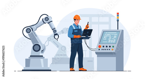 Factory worker operating robotic arm with laptop and control panel.
