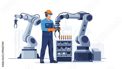 Factory worker with robotic arms and parts.