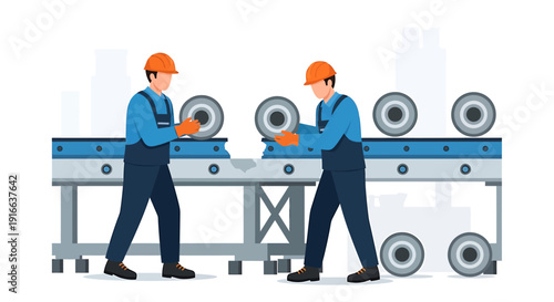 Factory workers assembling metal components on a conveyor belt.
