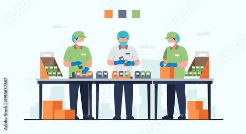 Factory workers assembling products on a production line.