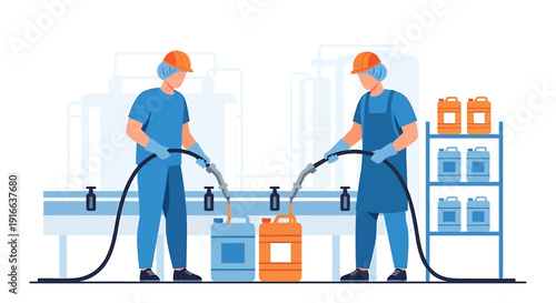 Factory workers filling containers with liquid on an assembly line.