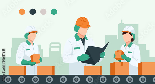 Factory workers inspecting products on a conveyor belt.