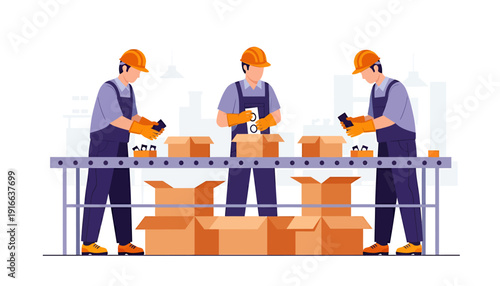 Factory workers on assembly line packaging products.