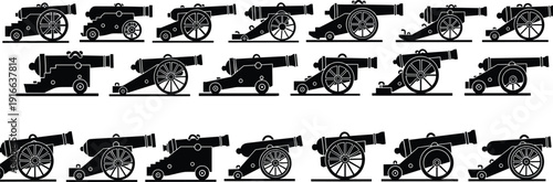 Black silhouette cannons collection, historical artillery illustration, military weapon designs, antique cannon wheels, war history symbols, vintage armament, battlefield equipment artwork