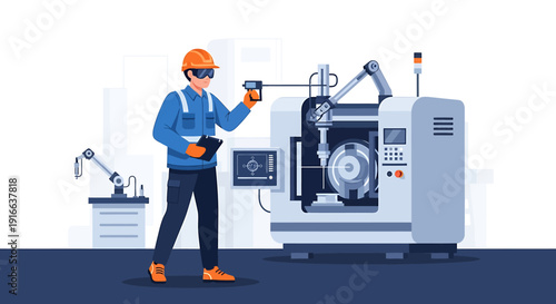 Industrial worker inspects advanced manufacturing machine with robotic arm.