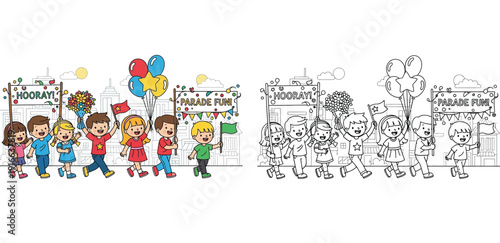 "Hooray! Parade Fun!" with Cheerful Kids and Balloons