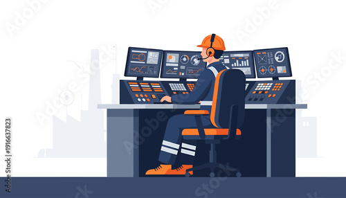 Industrial worker monitors multiple screens in control room.