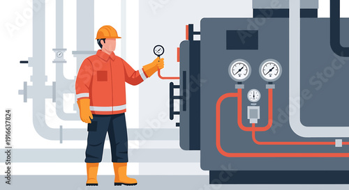 Industrial worker checks pressure gauges on large machinery.
