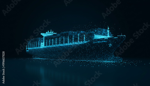 A futuristic digital twin of a container ship rendered with glowing blue light particles against a dark background, representing advanced maritime technology and global trade.. Futuristic Digital Mari