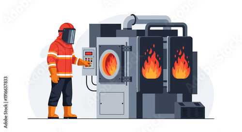 Industrial worker in protective gear operates furnace machinery.