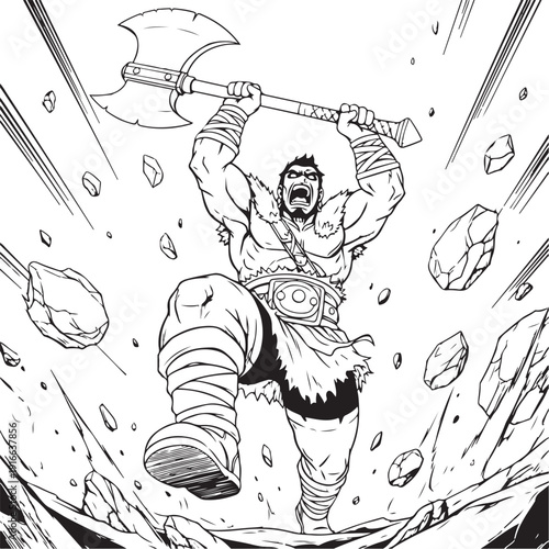 Angry Barbarian Warrior Swinging Giant Axe Low Angle Anime Illustration