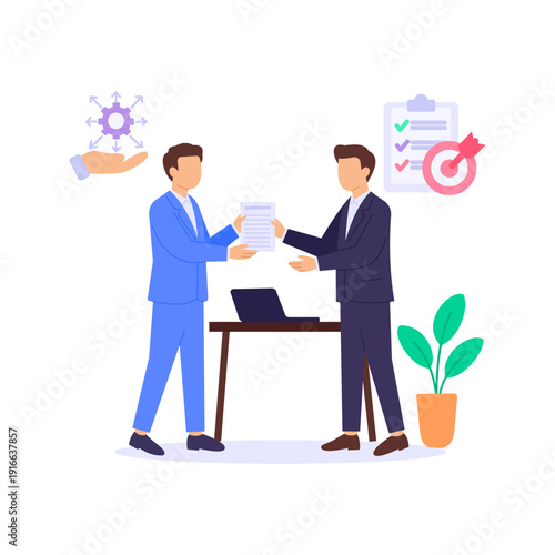 Final Deliverables, completing and submitting project outputs, Flat vector character illustration