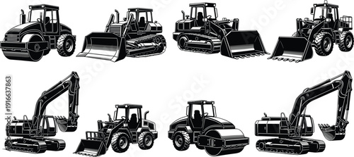 Construction machinery silhouettes collection, heavy equipment illustration, excavator bulldozer loader roller artwork, industrial vehicles, earthmoving , site tools, engineering equipment design
