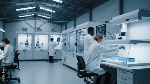 Diligent scientists in lab coats conduct experiments, meticulously handling samples and operating sophisticated analysis machinery within a large, modern, brightly lit biomedical research facility.