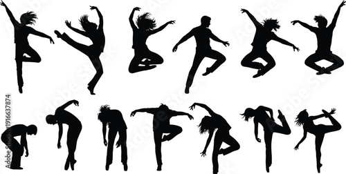 Dancing people silhouette set showing energetic modern dance poses and jumping movements isolated on white background black vector illustration