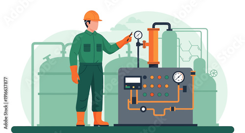 Industrial worker operating complex machinery in a factory setting.