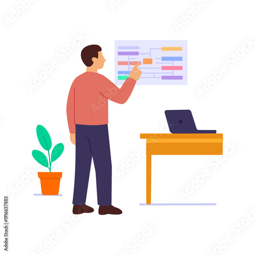 Project Dashboard, visualizing metrics and project progress, Flat vector character illustration