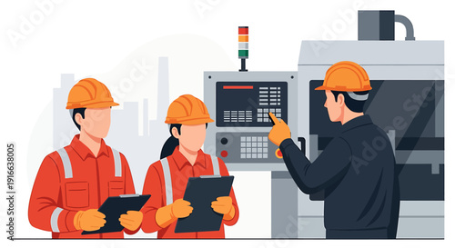 Industrial workers operating machinery in a factory setting.