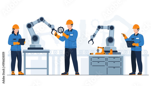 Industrial workers operating robotic arms in a factory setting.