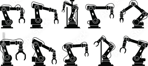 Industrial robotic arms silhouettes collection, automation technology illustration, factory equipment artwork, engineering machinery design, assembly line tools, manufacturing robots,