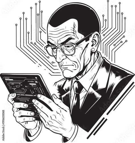 Elderly Cybernetics Professor Holding Tablet Sci-Fi Anime Art