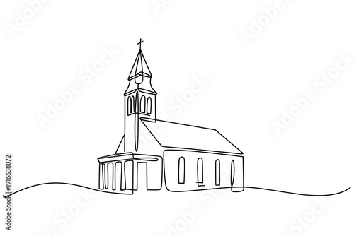 Church building with steeple and cross minimalist one line drawing on white background