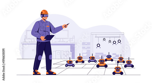 Man in VR headset controlling robots with tablet device.