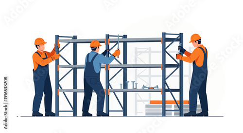 Three construction workers assembling industrial shelving unit.