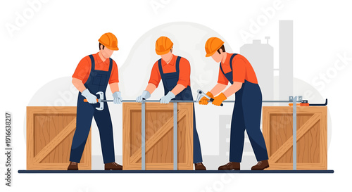 Three construction workers assembling wooden crates together.