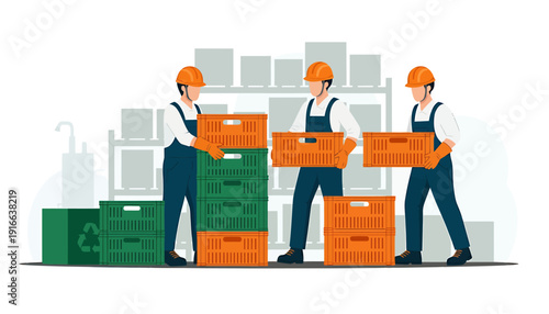 Three construction workers carrying orange crates and stacking green crates.