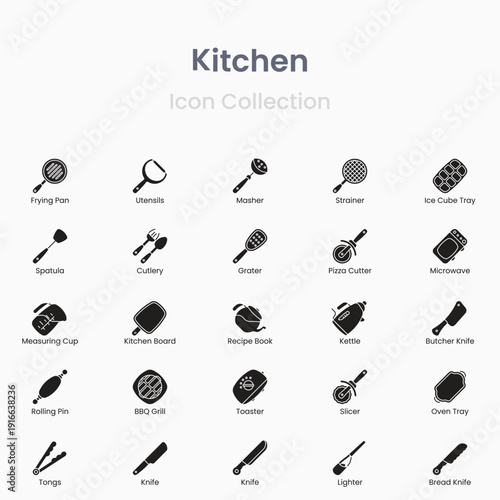 Vector icon pack for kitchen with cookware utensils and kitchen tools