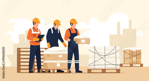 Three construction workers in hard hats and safety vests collaborating on a project.