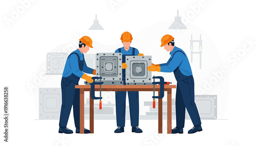 Three engineers assembling complex machinery on a workbench.