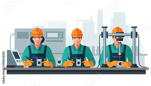 Three factory workers in uniform and hard hats assembling products on a production line.