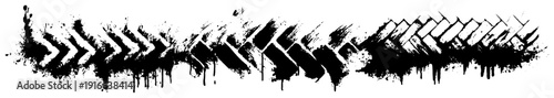 Grungy tire track tread patterns with ink splatters and dirty brush strokes vector border