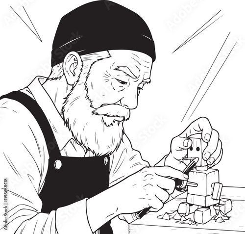 Old Carpenter Carving Wood Toy Focused Expression Anime Line Art