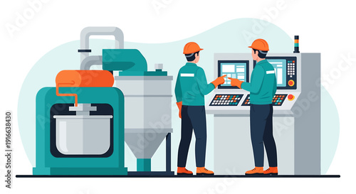 Two factory workers operating industrial machinery in a modern plant.