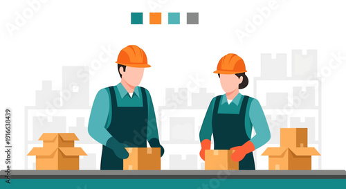 Two factory workers packaging boxes on a conveyor belt.