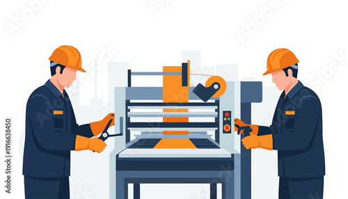 Two male factory workers operating industrial machinery in a production line setting.