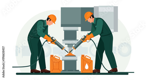 Two mechanics filling oil into machinery with canisters.