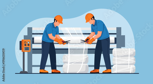 Two male workers in hard hats operating industrial machinery.